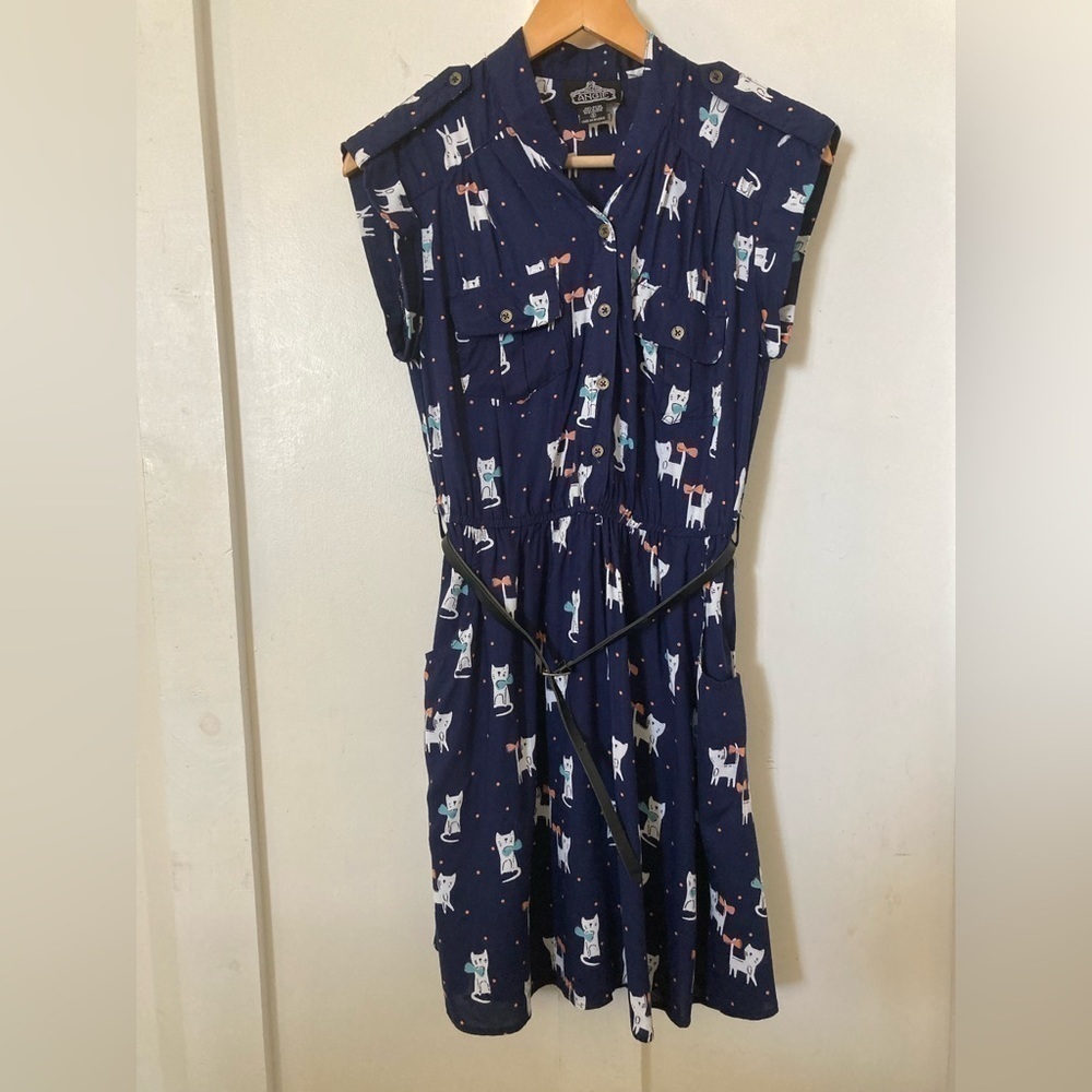 ANGIE cat print mini dress button front elastic roll tab sleeves